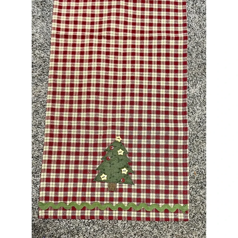 Christmas Tree Table‎ Runner Red Checked Embroidered Country Farmhouse Decor